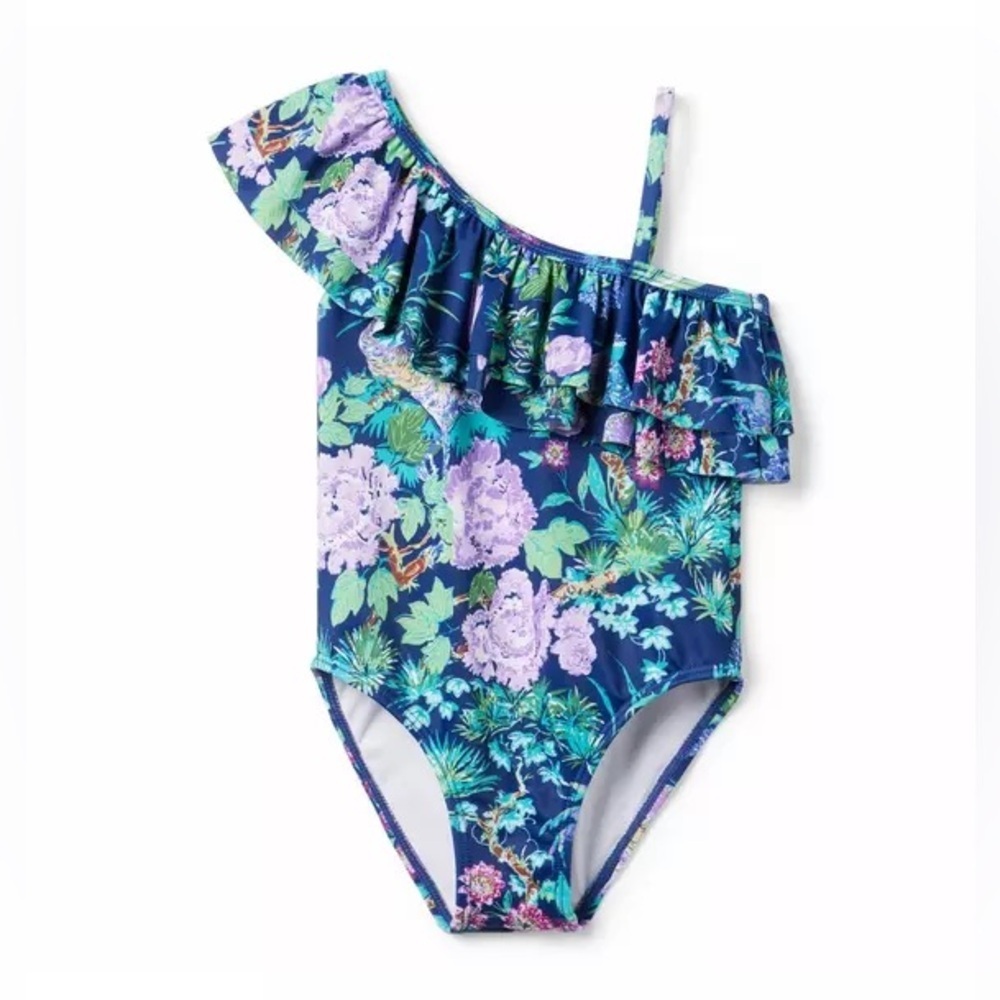 Janie‎ and Jack Floral One Shoulder Ruffle Swimsuit UPF 50 Blue Girls 3T